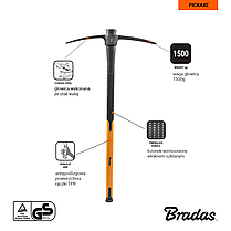 Кирка 1500г BRADAS с фиберглассовой рукояткой 90см, кованое кайло 48см, фото 3