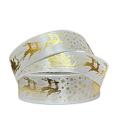 Лента атласная «Олени в упряжке», 25 мм*23 м, белый/золотой