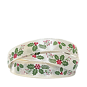 Лента атласная «Омела», 15 мм*23 м, бежевый/зеленые листочки