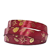 Лента атласная «Рождественское чудо», 15 мм*23 м, бордовый/золотой/снежинки