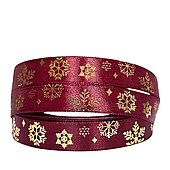 Лента атласная «Фигурные снежинки», 15 мм*23 м, красный/золотой