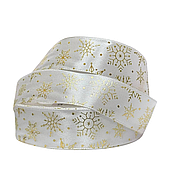 Лента атласная «Снежинки», 25 мм*23 м, белый/золотой