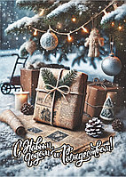 Открытка 70х100 мм С Новым Годом и Рождеством! подарок и газета под елкой