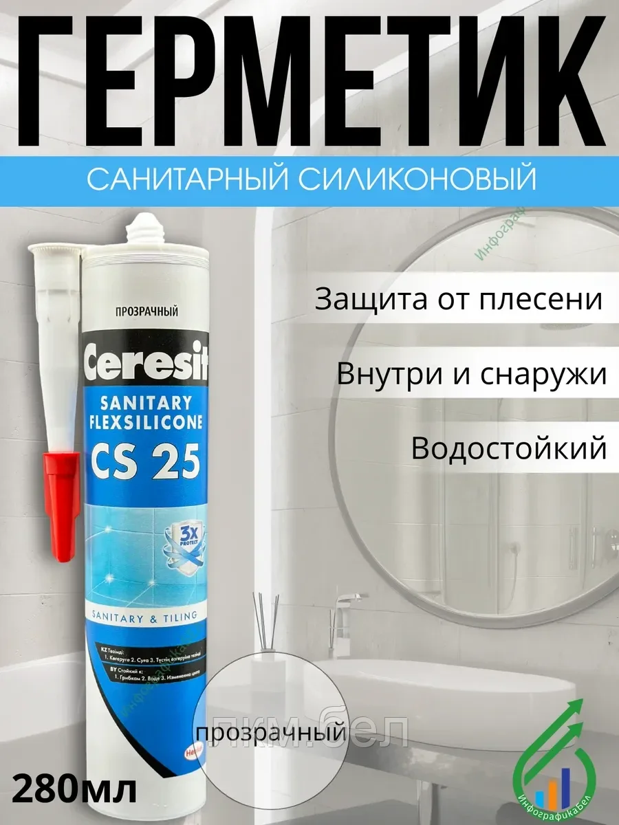 Цветной силиконовый санитарный герметик Ceresit CS 25 (прозрачный)