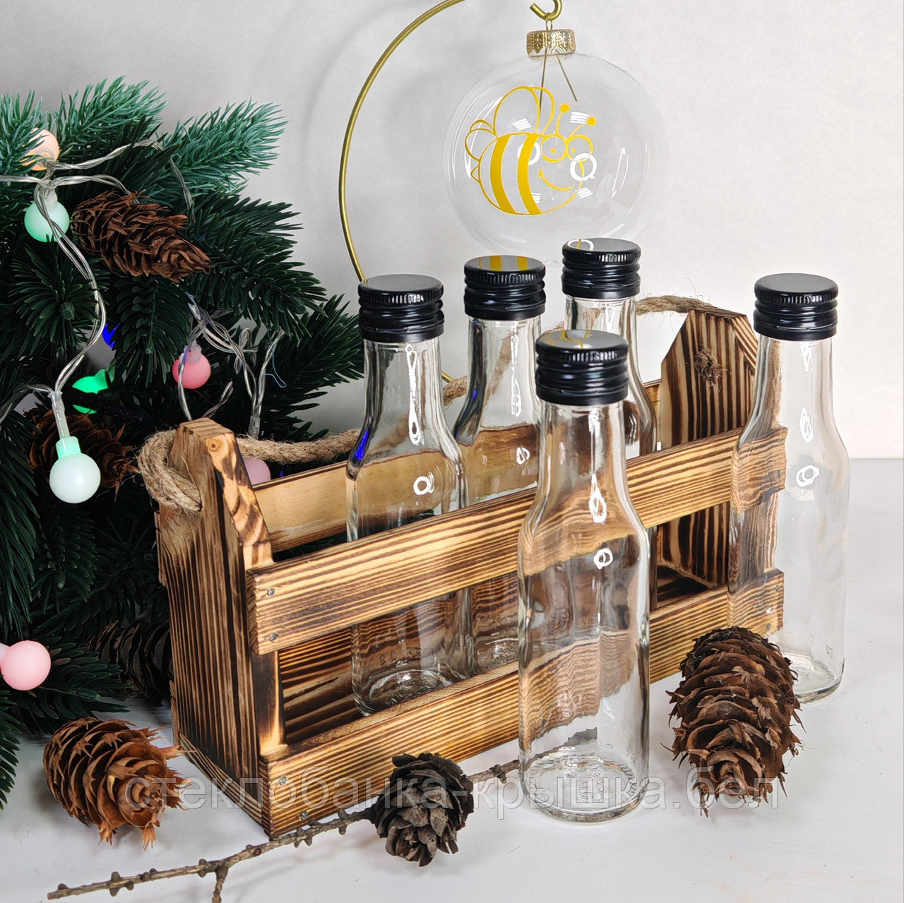 Набор 5 стеклянных бутылок Патрон 100 мл в боксе с джутовой ручкой