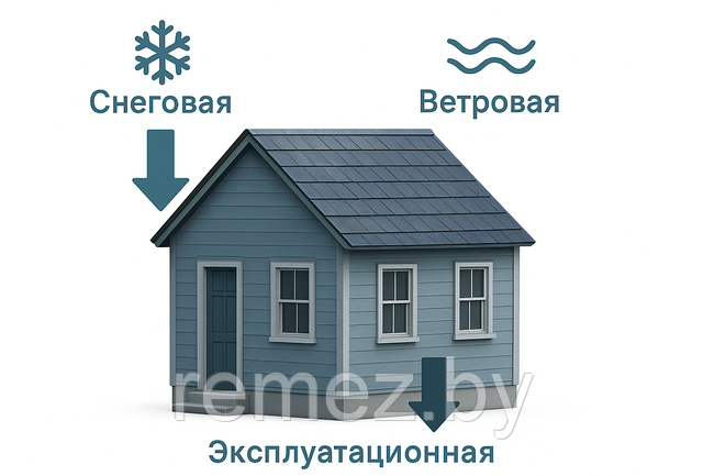 Схематичное изображение нагрузок, действующих на дом: снеговая, ветровая и эксплуатационная нагрузки Сбор нагрузок на конструкции дома: снег, ветер и собственный вес