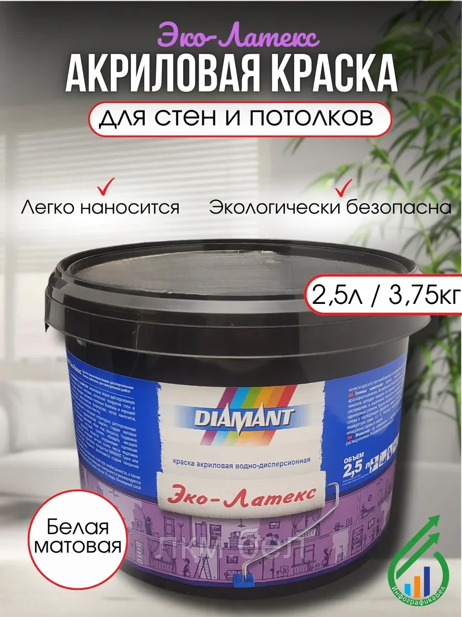 Акриловая краска Диамант Эко-Латекс 2,5 л (белая-матовая)