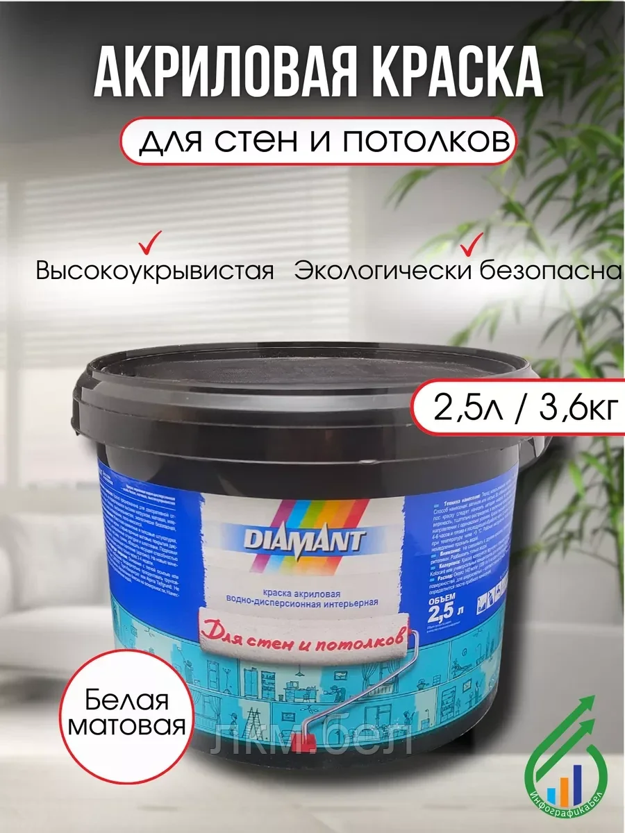 Акриловая краска белая для стен и потолков Диамант 2,5 л (белая-матовая)