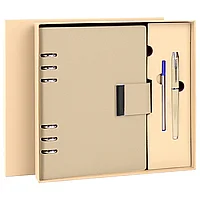 Ежедневник на кольцах в наборе с ручкой А5, 165x229 мм, BRAUBERG "Lux", под кожу, 100 листов, бежевый