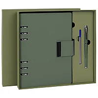 Ежедневник на кольцах в наборе с ручкой А5, 165x229 мм, BRAUBERG "Lux", под кожу, 100 листов, зеленый