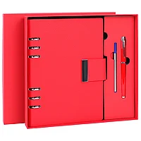 Ежедневник на кольцах в наборе с ручкой А5, 165x229 мм, BRAUBERG "Lux", под кожу, 100 листов, красный