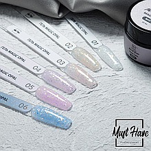 Гель-желе Magic Opal №01,02,03,04,05,06   с шестигранниками, жесткий. 15мл,  MUST HAVE