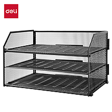 Лоток для бумаг DELI, черный, горизонтальный, 3 отделения, 320*230*200 мм, металлическая сетка, PB115BLACK