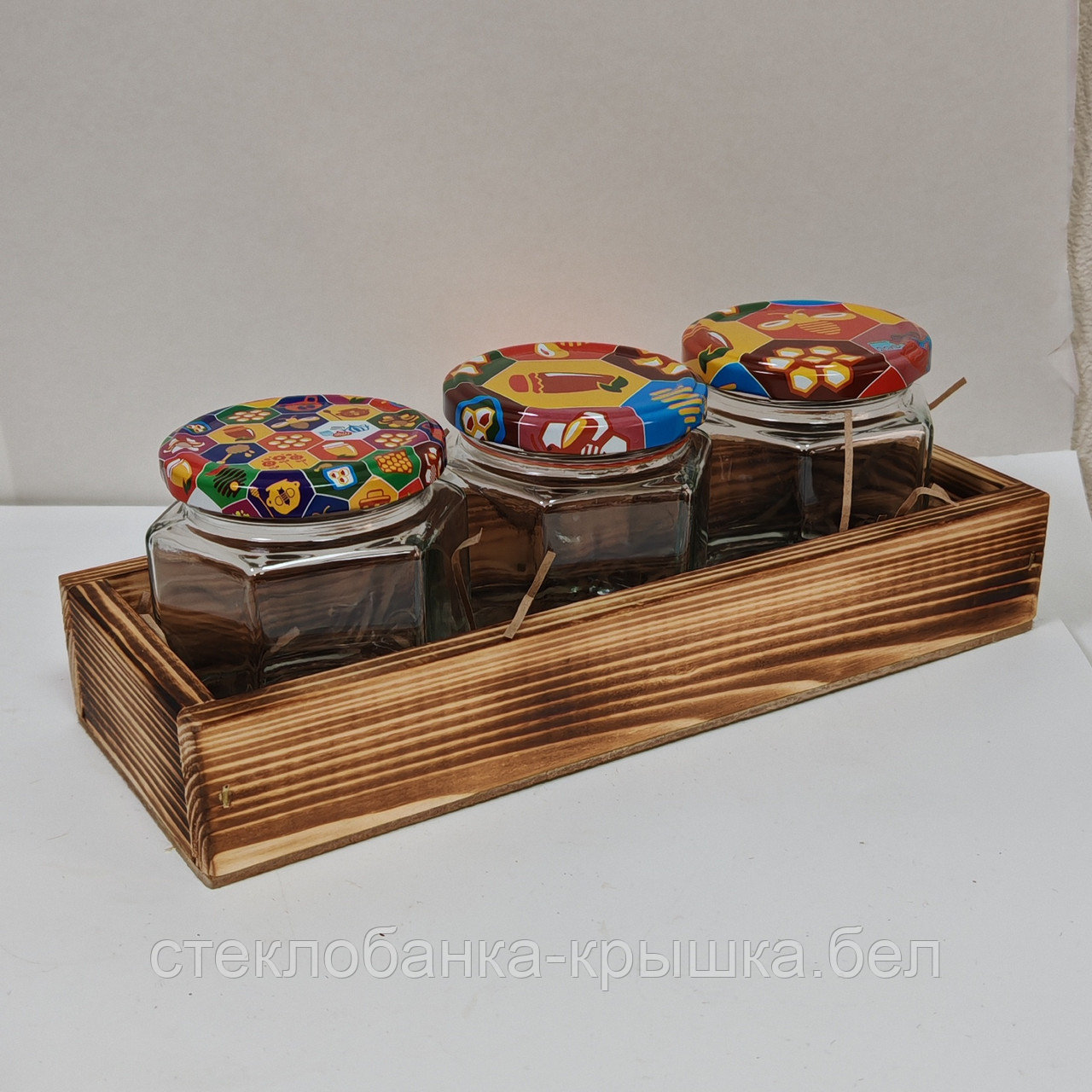 Набор 3 стеклянных баночек Соты 200 мл в боксе