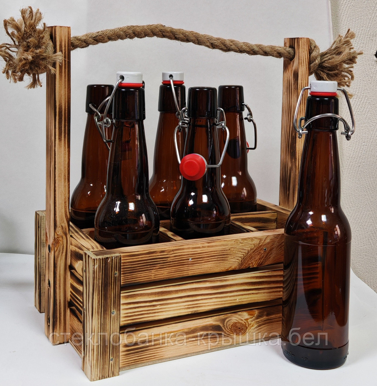 Набор 6 стеклянных бутылок Бугель 330 мл в боксе с джутовой ручкой