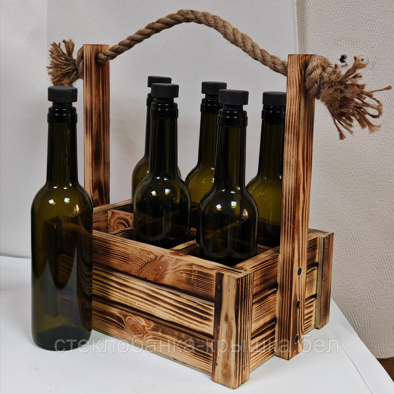Набор 6 стеклянных бутылок Оливковая 375 мл в боксе с джутовой ручкой