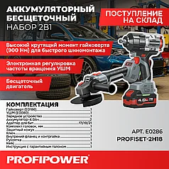 Набор аккумуляторных инструментов ProfiPower 2 в 1 (болгарка, гайковерт 900 Нм, 2 АКБ 4 А/ч, кейс) E0286