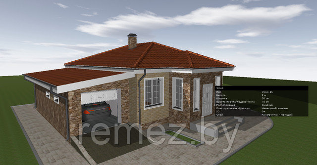 3д модель одноэтажного дома с гаражом