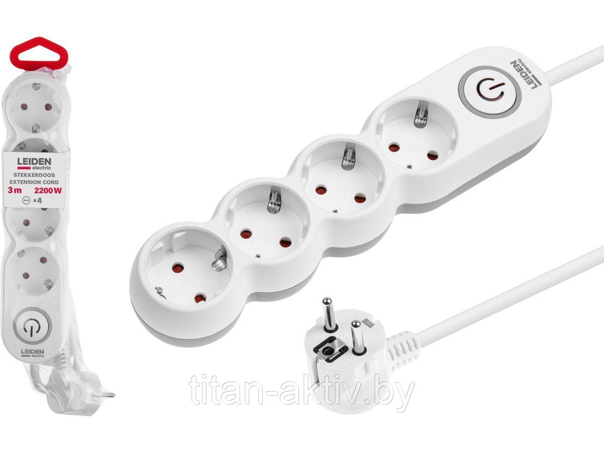 Удлинитель 3м (4 роз., 2,2кВт, с/з, выкл, ПВС 3х0,75) LEIDEN ELECTRIC