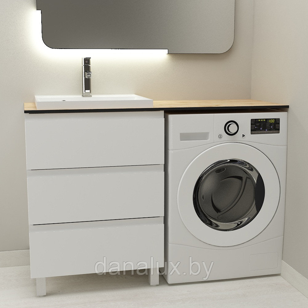 Тумба Дана Лидер 65 напольная с 3 ящиками (цвет белый) под столешницу 125 см над стиральной машиной
