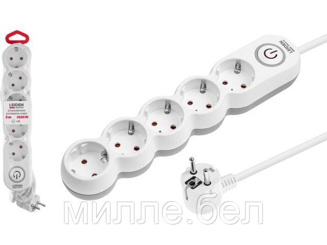 Удлинитель 3м (5 роз., 3,5кВт, с/з, выкл, ПВС 3х1,5) LEIDEN ELECTRIC