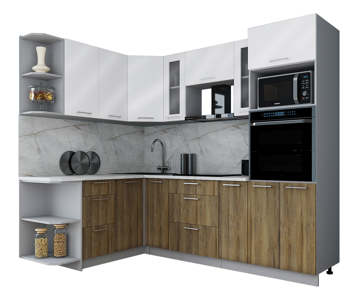 Кухня угловая МДФ 1.68х2.40 ВТ Белый - Дуб вотан