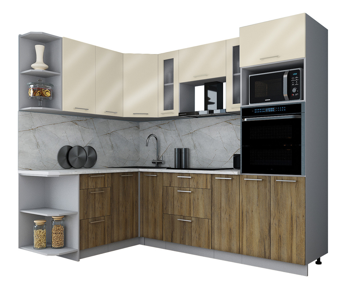 Кухня угловая МДФ 1.68х2.40 ВТ Ваниль - Дуб вотан