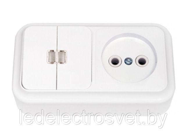 Блок выкл. 2 клав. + розетка (открытая, б/з) со световой индикацией,белая, Пралеска, BYLECTRICA