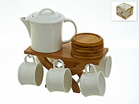 Чайный набор 13 пр. на бамбуковой подставке: фарфоровые чайник и 6 чашек, 6 бамбуковых блюдец арт. 2640140