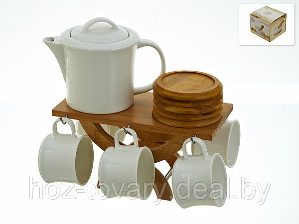 Чайный набор 13 пр. на бамбуковой подставке: фарфоровые чайник и 6 чашек, 6 бамбуковых блюдец арт. 2640140 - фото 1 - id-p36350731