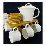 Чайный набор 13 пр. на бамбуковой подставке: фарфоровые чайник и 6 чашек, 6 бамбуковых блюдец арт. 2640140, фото 2