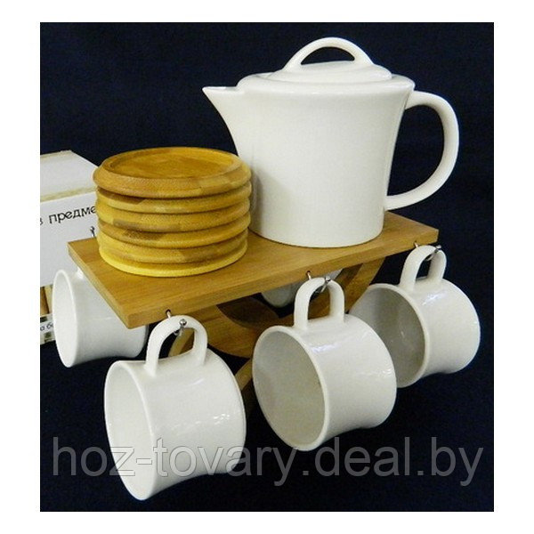 Чайный набор 13 пр. на бамбуковой подставке: фарфоровые чайник и 6 чашек, 6 бамбуковых блюдец арт. 2640140 - фото 2 - id-p36350731