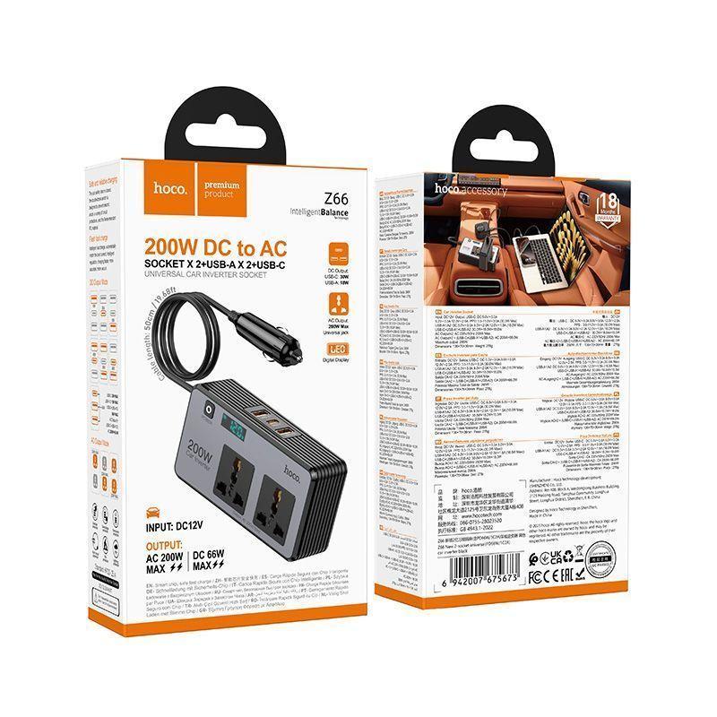 Автомобильный инвертор HOCO Z66 12V-220V 200W (2*AC розетки) + 66W (Type-C+2хUSB) - фото 6 - id-p245804723
