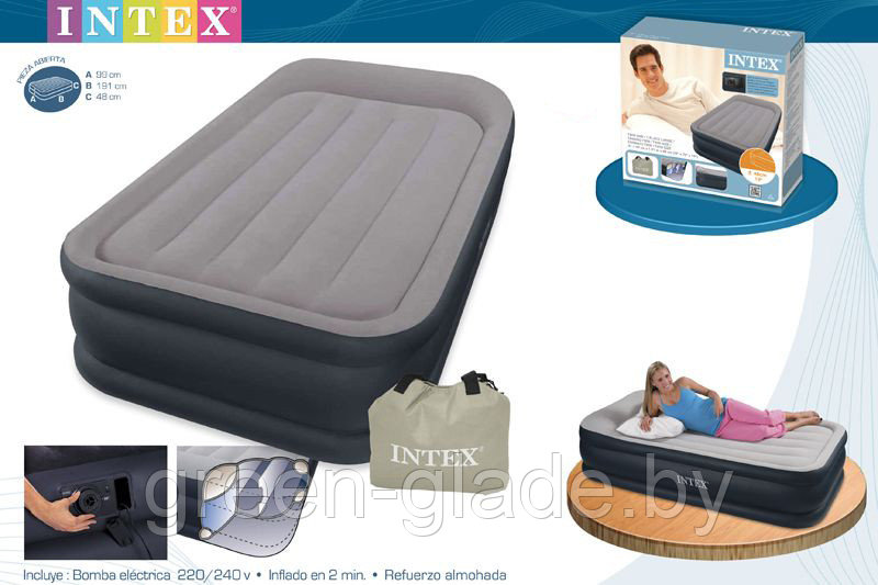Intex 67732 Надувная кровать Deluxe Pillow Rest, размер 99x191x48 см (насос 220v)