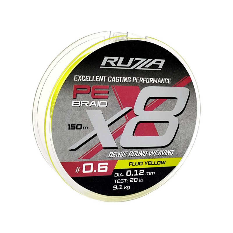 Шнур RUZZA X8 150м Fluo Yellow 0,12мм 9,1кг/20lb