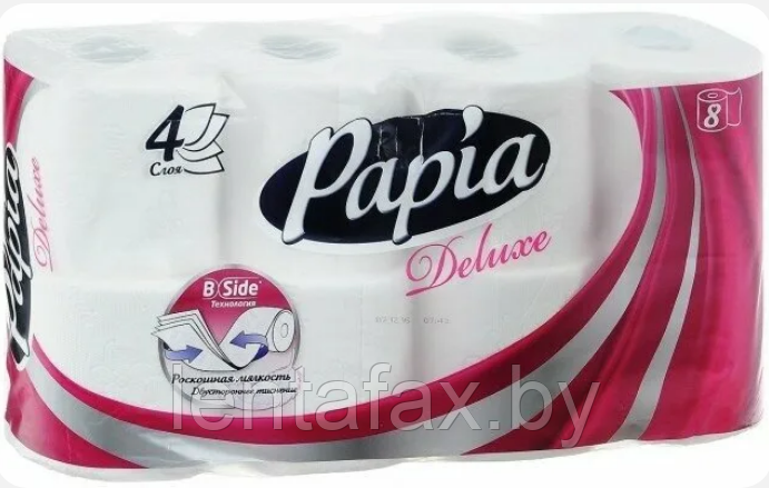 Бумага туалетная Papia Deluxe, 16,5м, 4 слоя, 8 рулонов, 100% целлюлоза. Цена указана без учета НДС 20%