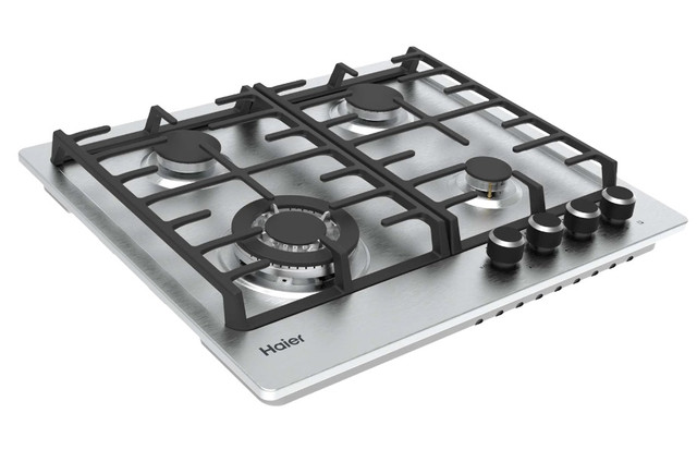 Встраиваемая газовая варочная панель Haier HHX-M64CWFX из нержавеющей стали на 4 конфорки с чугунными решетками