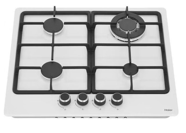 Встраиваемая газовая варочная панель Haier HHX-M64CWW из белой эмали с 4 конфорками, горелкой Двойная корона и чугунными решетками