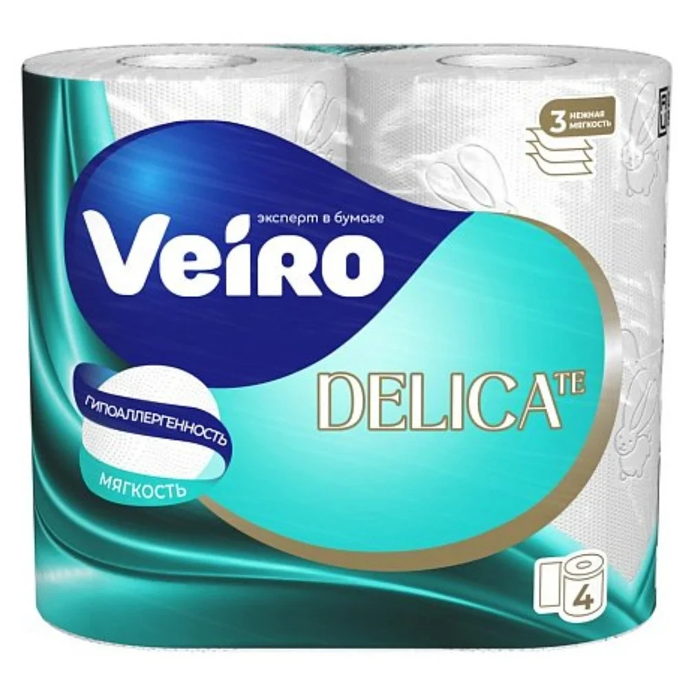 Бумага туалетная Veiro DELICATE 3-слоя, белая, 4 шт
