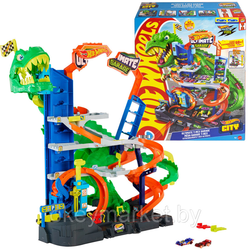 Игровой набор Hot Wheels Невообразимый Мега-Гараж с Тираннозавром и машинками JHL98, фото 2