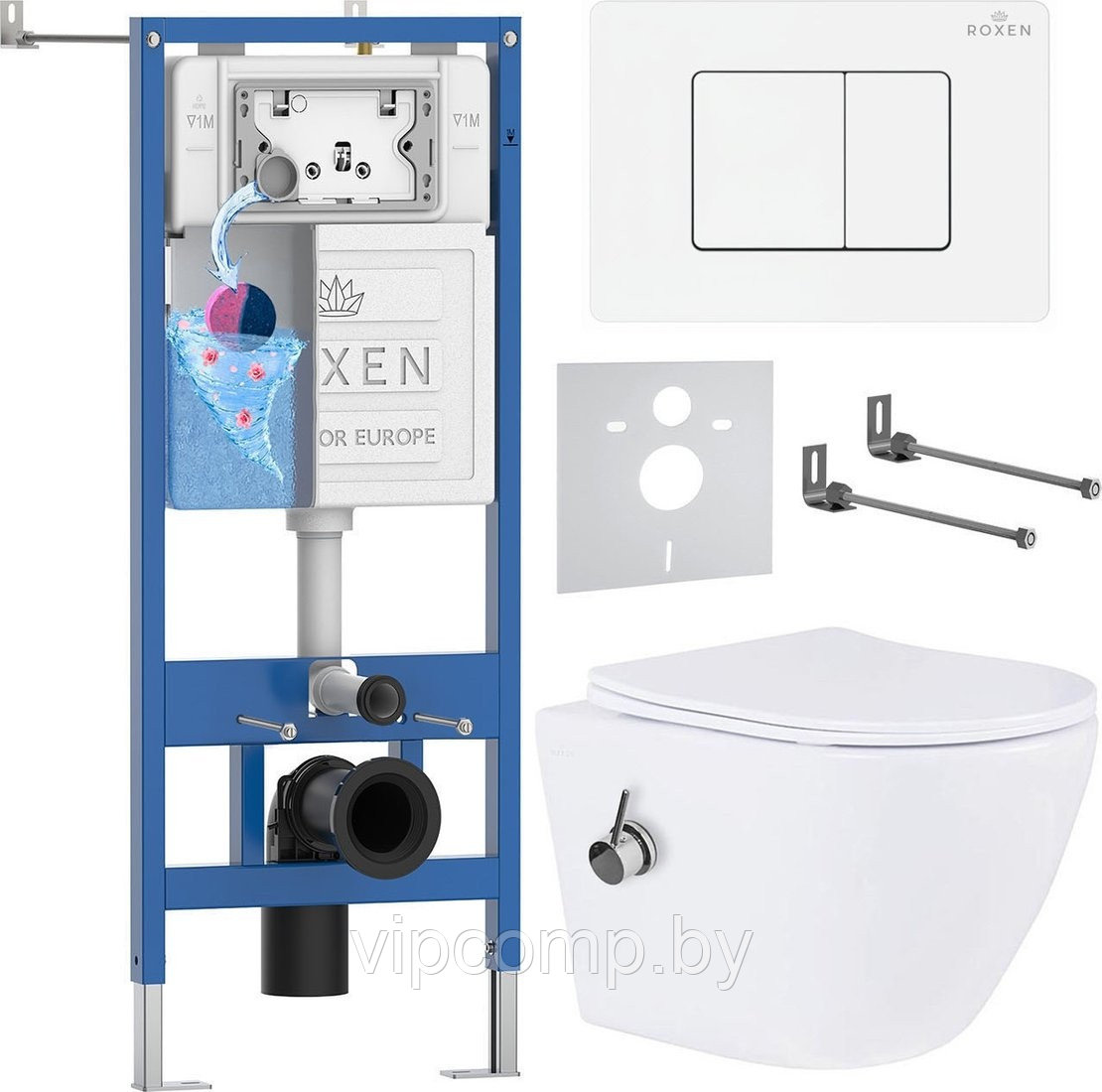Унитаз подвесной Roxen Antares Bidet в комплекте с инсталляцией StounFix Dual Fresh 6 в 1 868561 (кнопка: