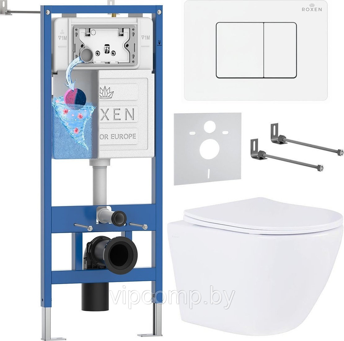 Унитаз подвесной Roxen Antares в комплекте с инсталляцией StounFix Dual Fresh 6 в 1 868543 (кнопка: белый