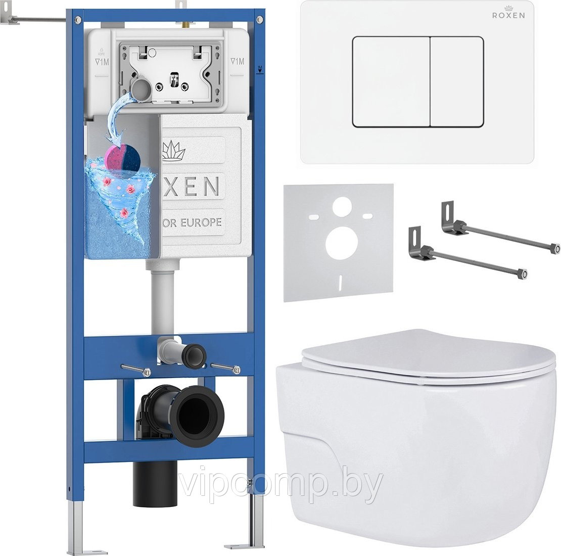Унитаз подвесной Roxen Porto в комплекте с инсталляцией StounFix Dual Fresh 6 в 1 868535 (кнопка: белый