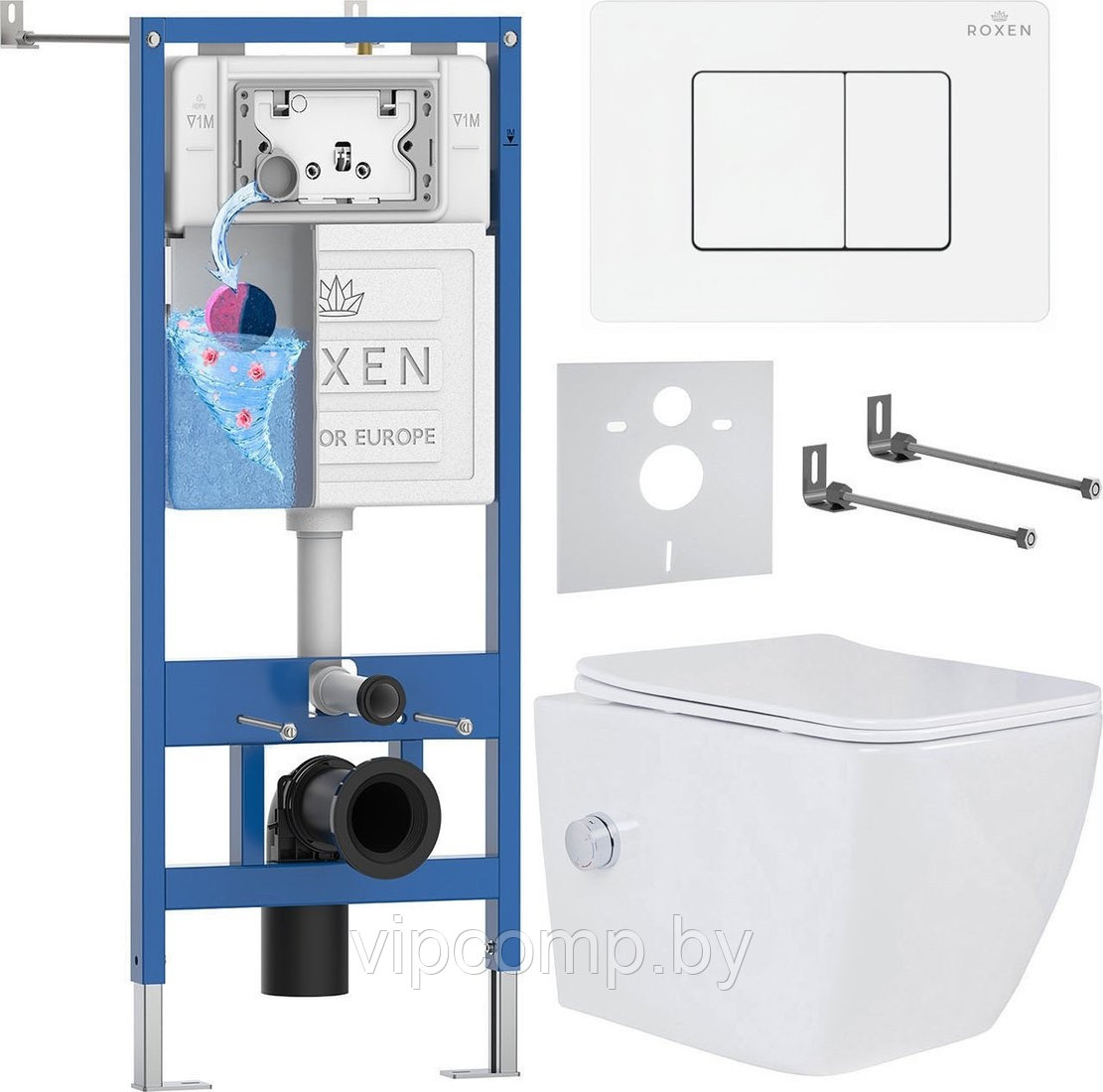 Унитаз подвесной Roxen Cube Tornado Bidet в комплекте с инсталляцией StounFix Dual Fresh 6 в 1 868531 (кнопка: