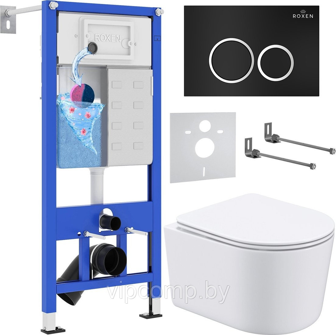 Унитаз подвесной Roxen Simple Compact в комплекте с инсталляцией StounFix Slim 6 в 1 911522 (кнопка: черный