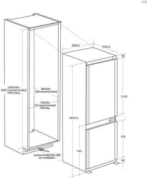 Схема стройки и размеры холодильника Haier HBW7719DT