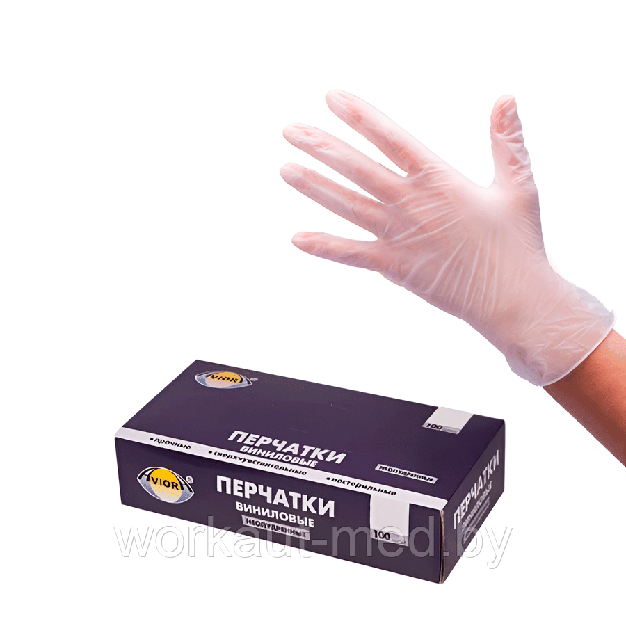 402-637 Перчатки виниловые,неопудренные,одноразовые,100шт. в уп., AVIORA,размер S