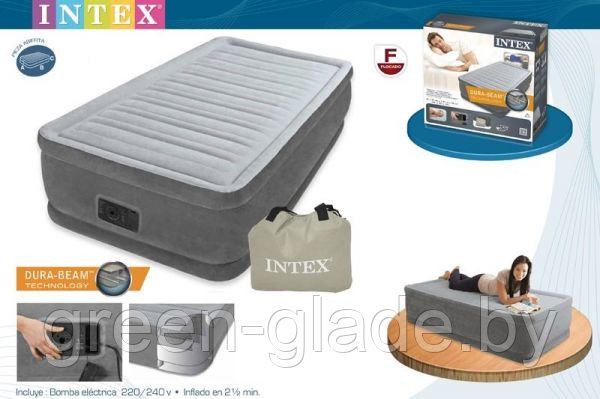 Intex 67766 Надувная кровать Twin Comfort-Plush, размер 99х191х33см (насос 220v)