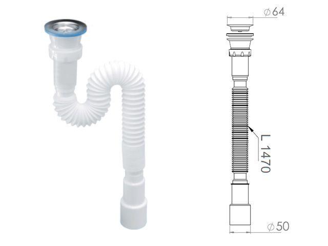 Сифон 1 1/2"х40/50 гофрированный (удлинённый), выпуск 64мм, AV Engineering
