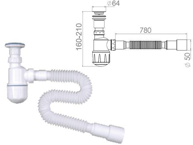 Сифон для биде, выпуск 64мм, с гибкой трубой 1 1/4"- 40/50мм, AV Engineering